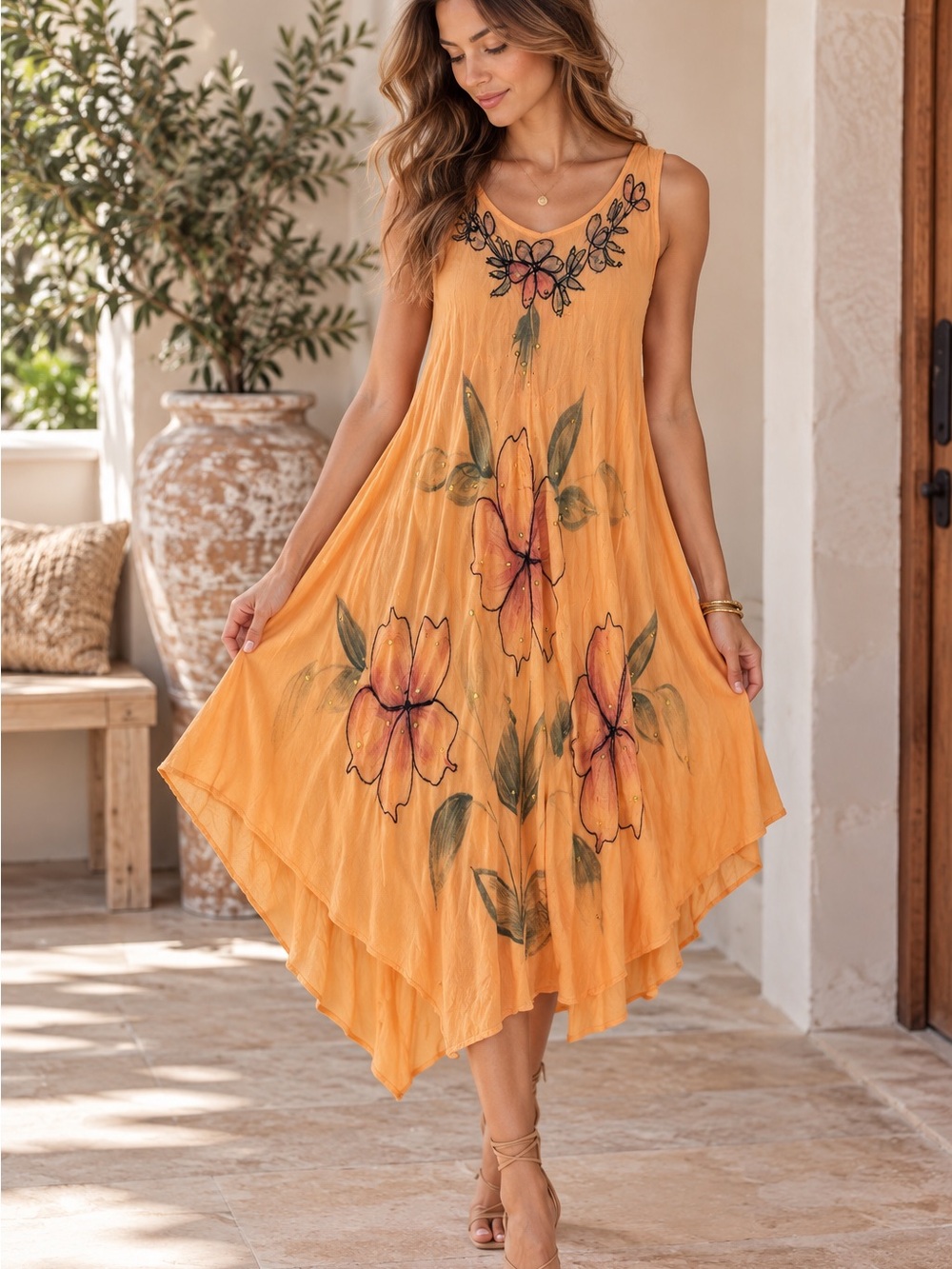 Vintage California Breeze Orange Watercolor Floral Midi Dress, One Size